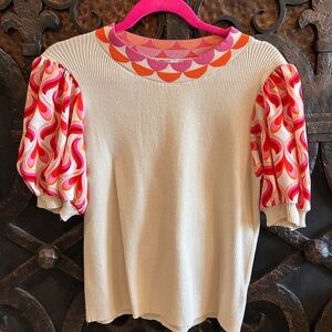 Boutique Cream Top with Pink and Orange Patterned Sleeves-NWOT